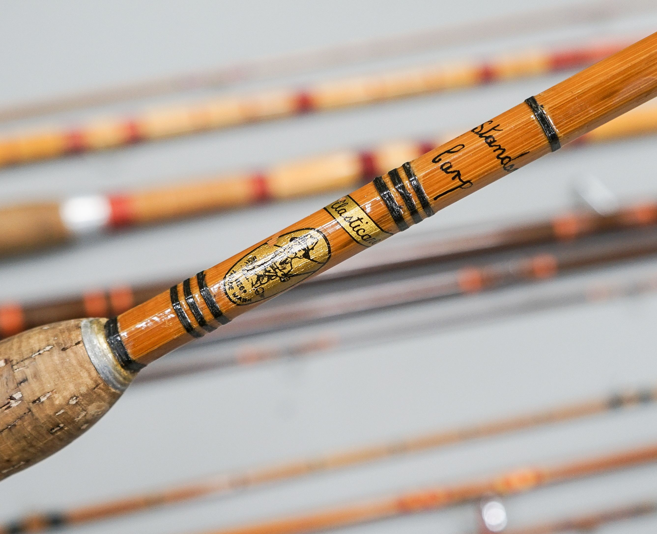 A collection of mixed split cane fishing rods, Les Compton, Elasticane, Carton-James and another (4)